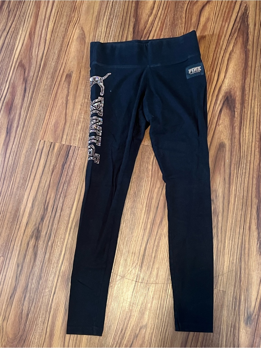 Victoria's Secret Women’s Black Leggings with Glitter PINK Logo
